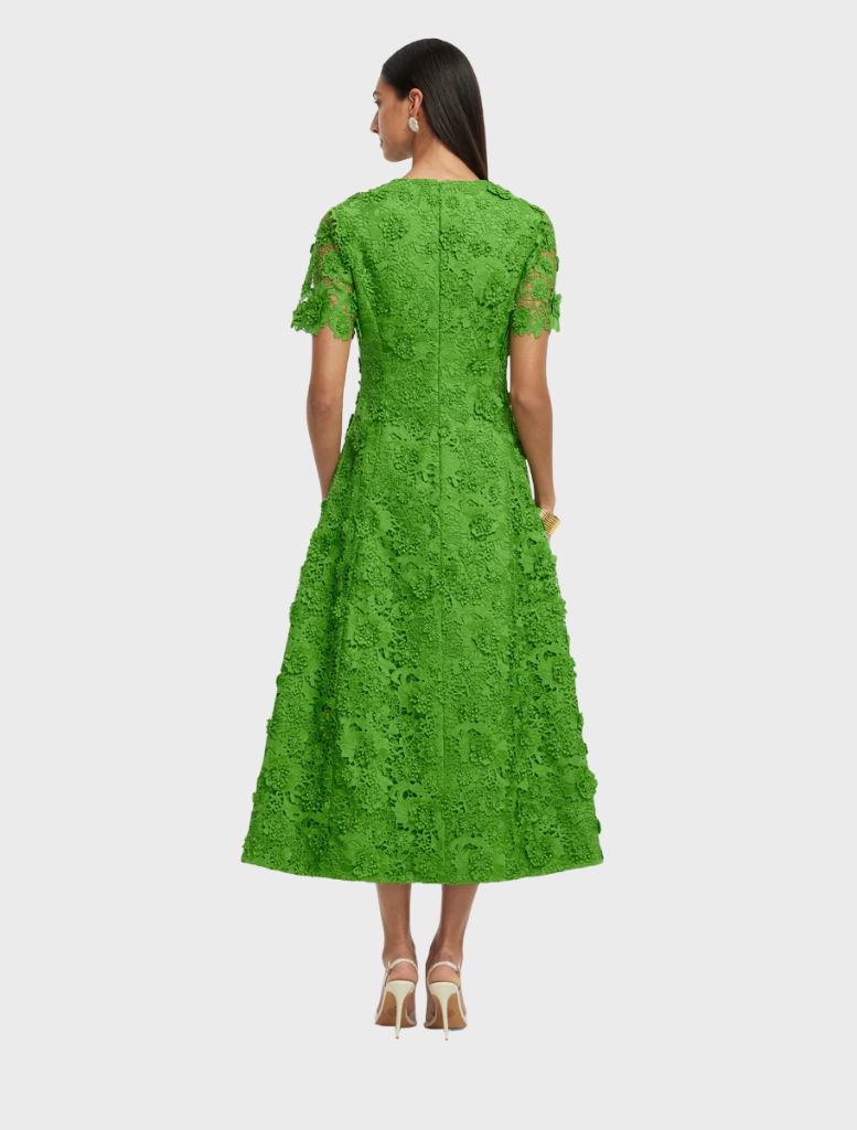 Green lace dress with short sleeves, combining elegance and comfort in its design.