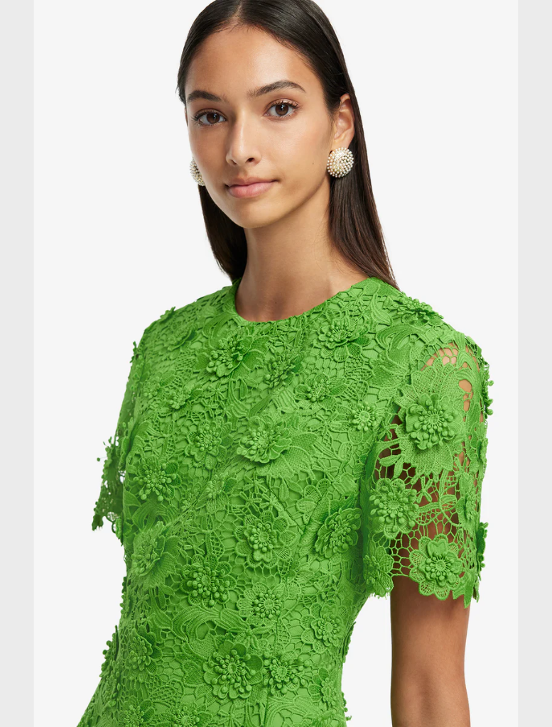  Elegant green dress made of lace, featuring short sleeves for a sophisticated touch.