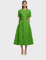 A green lace dress featuring short sleeves, elegantly designed for a stylish look.