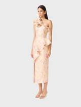 Asymmetrical cream midi dress with floral jacquard, ruffle details, and a front split, perfect for garden parties and events.