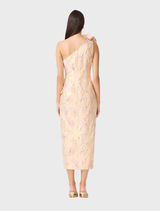 Stylish cream midi dress with asymmetrical design, floral jacquard, ruffles, and front split, suitable for various celebrations.