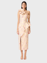 Cream midi dress with asymmetrical neckline, floral jacquard, ruffles, and front split, ideal for special occasions.