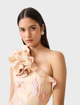 Cream multi Carys Asymmetrical Midi Dress features floral jacquard, ruffles, and a front split for elegance and movement.