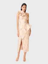 Cream floral jacquard midi dress with asymmetrical neckline, ruffles, and front split, designed for sophisticated occasions.