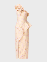 The Carys Midi Dress in cream showcases floral jacquard, an asymmetrical neckline, and ruffles for a sophisticated look.
