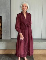 Elegant Bordeaux maxi dress made of cotton silk, adorned with delicate lace for a sophisticated look.