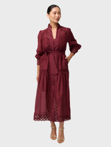 Cascadian Cotton Silk Lace Maxi Dress in Bordeaux, featuring intricate lace detailing and a flowing silhouette.