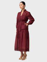 Luxurious Bordeaux maxi dress crafted from cotton silk, highlighted by beautiful lace elements for an elegant appearance.