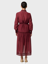 Cascadian Cotton Silk Lace Maxi Dress in rich Bordeaux, designed with intricate lace and a flattering, flowing shape.