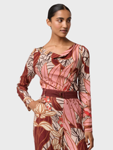 Serene gold-accented top made from cupro viscose stretch, showcasing a beautiful cathedral botanic design.