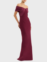 Wine-colored Cava gown with off-the-shoulder design, showcasing a sleek fit and elegant flow for evening wear.