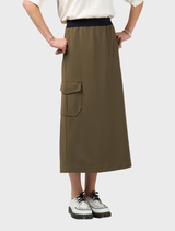 A khaki cavalry skirt shown hanging, designed with a tailored fit and a flared bottom for a stylish look.