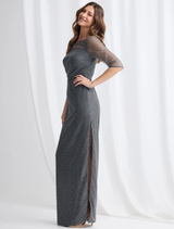 Charcoal Cece Pearl Pencil Gown, emphasizing its tailored fit and refined aesthetic, displayed against a neutral background.