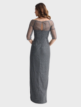 Elegant charcoal Cece Pearl Pencil Gown on a hanger, highlighting its sleek lines and sophisticated style.