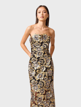 Black and gold Celeste gown showcasing a sophisticated design with a graceful fit, ideal for evening events.