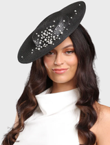 Black Celia Racewear Plate Hat, featuring a stylish design suitable for race events and formal occasions.
