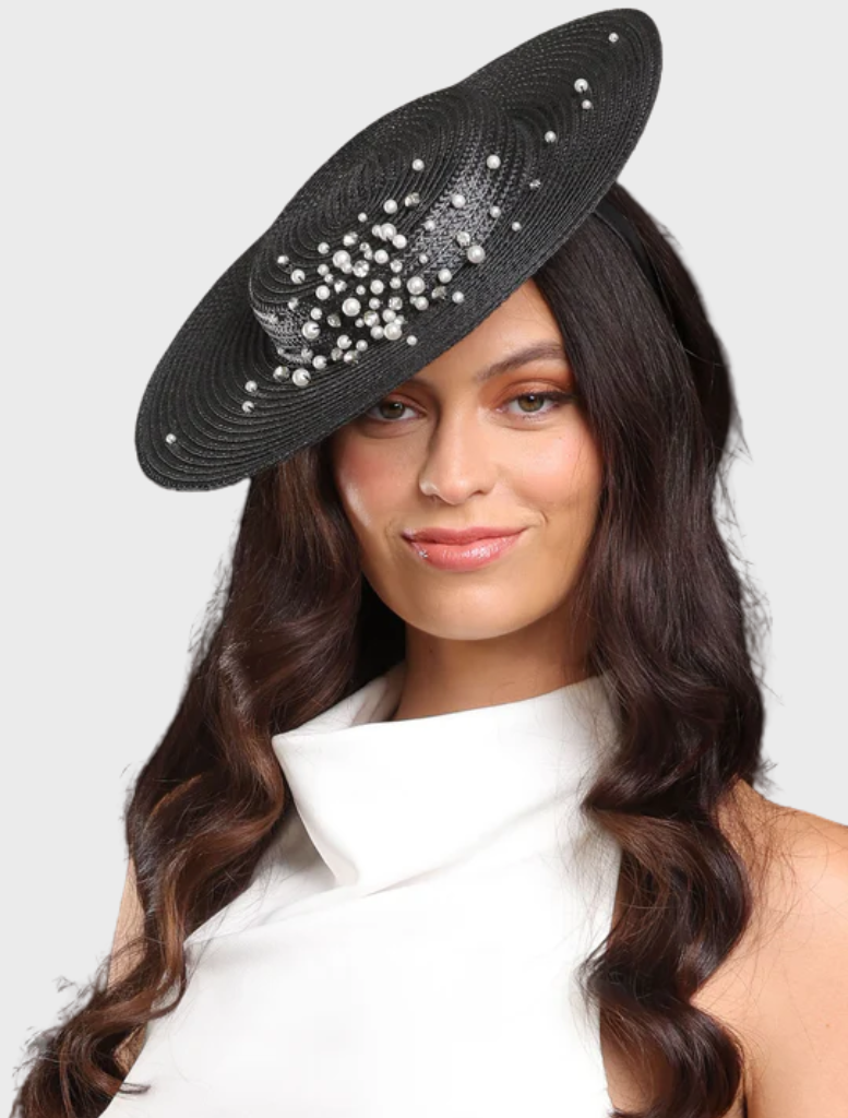 Black Celia Racewear Plate Hat, featuring a stylish design suitable for race events and formal occasions.