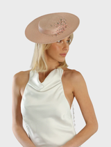 Pink Celia Racewear Plate Hat, featuring a stylish design suitable for race events and formal occasions.