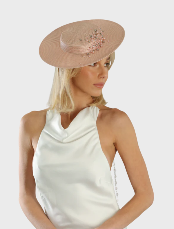 Pink Celia Racewear Plate Hat, featuring a stylish design suitable for race events and formal occasions.