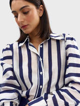 Celina blouse featuring a royal blue and white striped pattern, designed for a stylish and elegant look.