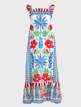 Eye-catching blue multi dress with a flattering silhouette, designed to stand out at parties or gatherings.