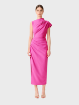 Asymmetrical pink midi dress displayed on a mannequin, featuring a stylish design and elegant silhouette.