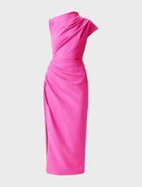  Pink asymmetrical midi dress displayed on a mannequin, featuring a flowing silhouette and elegant design.