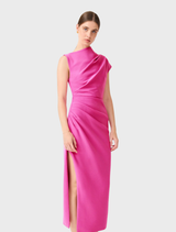 A pink midi dress with an asymmetrical hemline, elegantly draped on a hanger, highlighting its stylish silhouette.