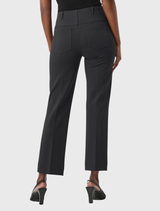 Charcoal grey straight-leg pants with a hidden elastic waistband, front ornament, and back yoke for a tailored look and comfort.