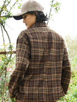 Relaxed-fit chocolate check shacket with a button front and collar, ideal for a trendy, casual outfit.