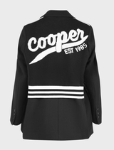 Black Cooper Club Jacket displayed on a hanger, featuring a sleek design and modern fit for stylish outerwear.