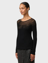 Black sheer knit top made of viscose and nylon, featuring a stylish and lightweight design suitable for layering.