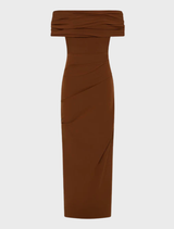 Elegant Camille dress in rich chocolate hue, featuring a tailored fit and sophisticated style for special events.