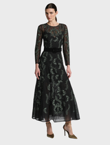 A-line dress in emerald green and black, featuring a stylish design suitable for various occasions.