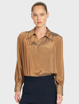 Chiffon Atrium Blouse in Syrup, featuring a crisp collar, gathered sleeves, and a translucent two-tone design.