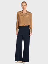 Mela Purdie Atrium Blouse in Syrup, crafted from luminous chiffon with a crisp collar and stylish gathered sleeve details.