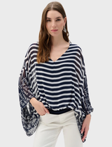 Top 262188, featuring a V-neckline and long sleeves, designed with navy and white stripes.