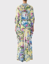 Elegant silk blouse with Chinoiserie print, batwing sleeves, and a removable belt, designed for a relaxed, hip-length fit.