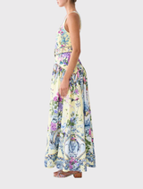 A-line jersey tank dress with a gathered waist, showcasing Chinoiserie-inspired florals and a removable belt for a relaxed fit.