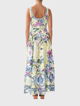 A-line jersey tank dress with a gathered waist, showcasing Chinoiserie-inspired florals and birds in soft pastel colors.
