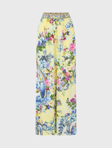 Elegant Chinoiserie Child Lounge Pant, showcasing a floral and bird print in butter yellow, with a relaxed fit and side pocket.