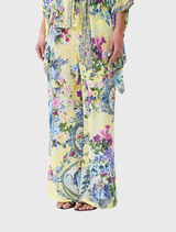 Relaxed-fit Chinoiserie Child Lounge Pant, adorned with florals and birds in butter yellow, complete with adjustable drawstring.