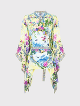 Chinoiserie Child Button Through Scarf Blouse in silk, featuring floral print, batwing sleeves, and a removable belt for a tailored fit.