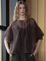 Sheer chocolate blouse with a stylish design, perfect for layering or dressing up for a special occasion.