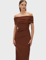 Elegant Camille dress in rich chocolate hue, featuring a tailored fit and sophisticated style for special events.