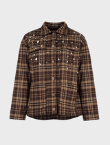 Relaxed-fit chocolate check shacket, designed with a button closure and collar for a trendy, casual outfit.