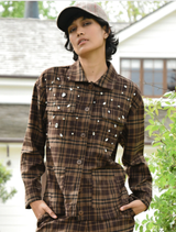 Casual chocolate check shacket, designed with a button-up front and a comfortable fit for everyday wear.