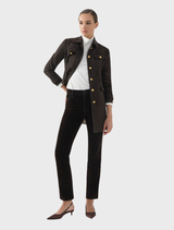 Delta Jacket - Chocolate wool coat with gold buttons, flap pockets, and a tailored silhouette