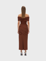 Camille dress in deep chocolate shade, designed with a flattering fit, suitable for upscale occasions.