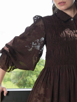 Chic After Dark Dress in a luxurious chocolate color, tailored for formal events and evening outings.